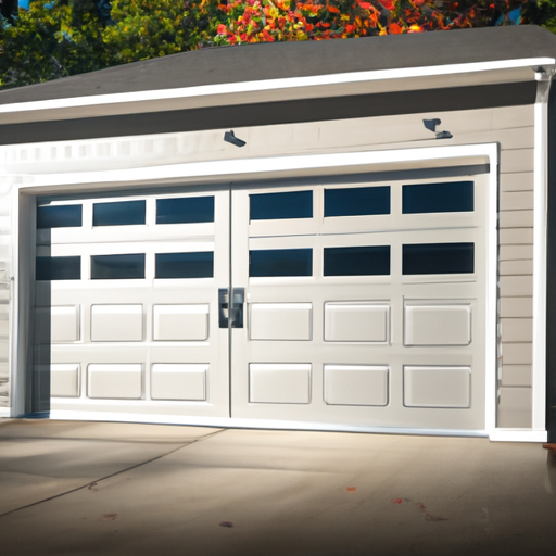 Suburban Andover garage with modern insulated steel door, frosted windows and a smart keypad on the wall in soft autumn light.