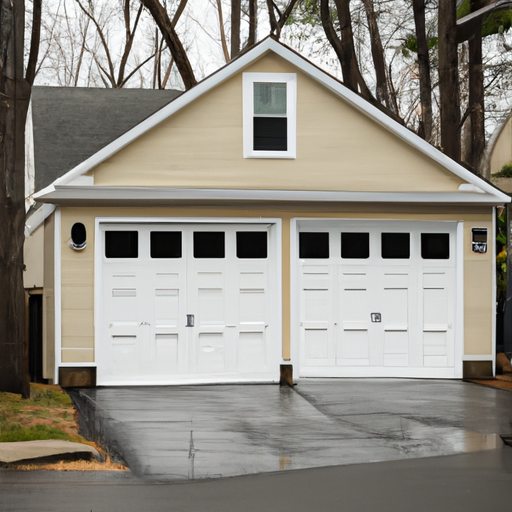 Suburban Andover driveway with a modern insulated garage door closed on a two-car garage, wet pavement, no people.