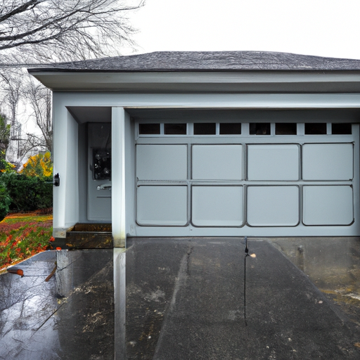 Suburban Andover home with closed sectional garage door, wet driveway and overcast sky, hardware and panels visible.