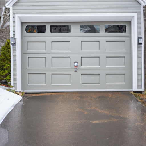Modern steel garage door on a suburban home in Andover, MA with visible weather seal and light snow on the driveway.