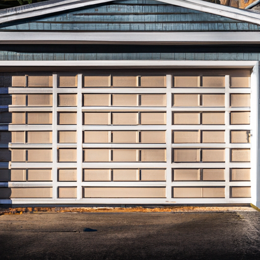 Residential garage door on a New England home in Andover, MA, showing panels, hardware, and driveway without people.