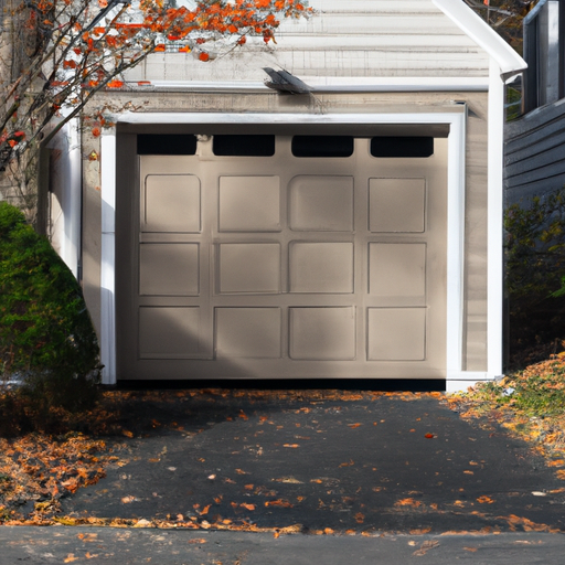 Insulated garage door on a suburban Andover, MA home with sealed threshold and visible panel texture.