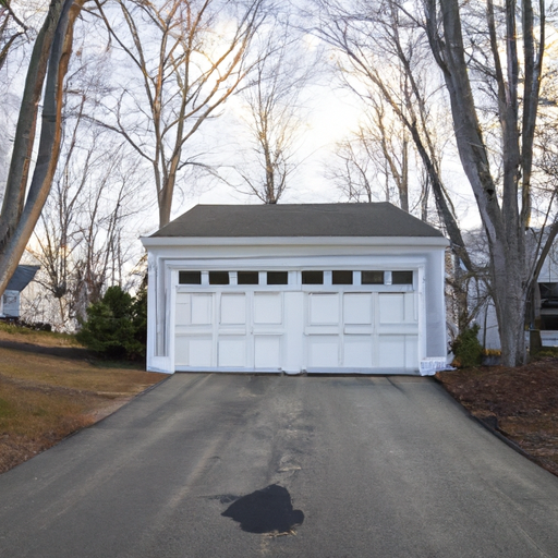 Suburban Andover house with a closed garage door, showing tracks and hardware in late-afternoon light.