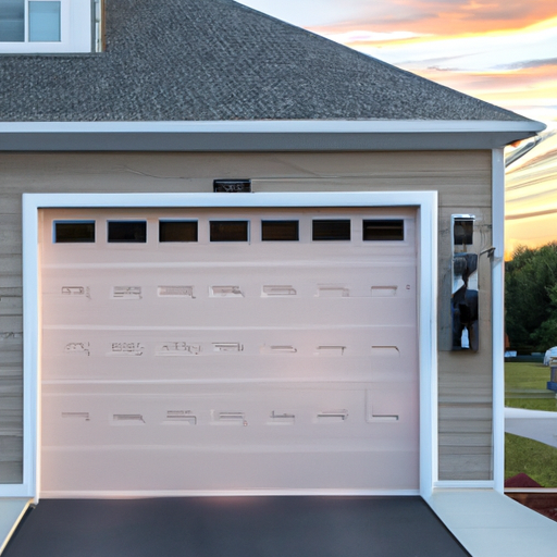 Suburban Andover home with modern insulated garage door, visible smart keypad and camera in soft daylight.
