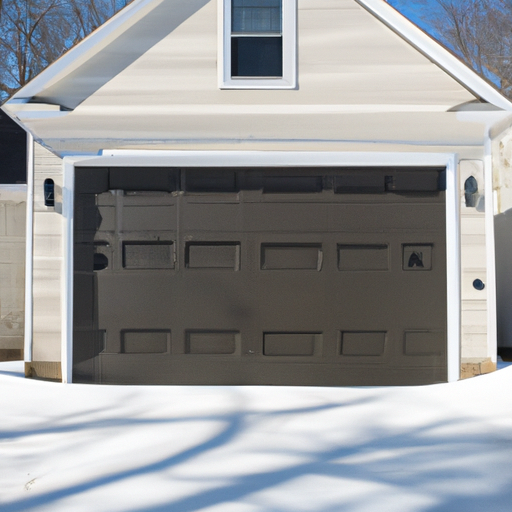 Suburban Andover home with closed insulated garage door and light snow on the driveway, clear daylight