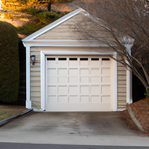 Closed residential garage door on a colonial home driveway in Andover, MA, late afternoon light, no people.