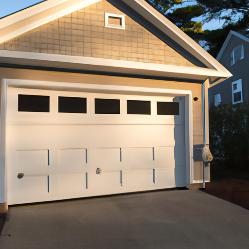 Andover MA home exterior with a modern insulated garage door and visible smart opener unit, no people.