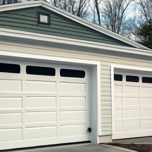 Suburban Andover two-car garage with sectional door, visible tracks and weather seal, house in background.