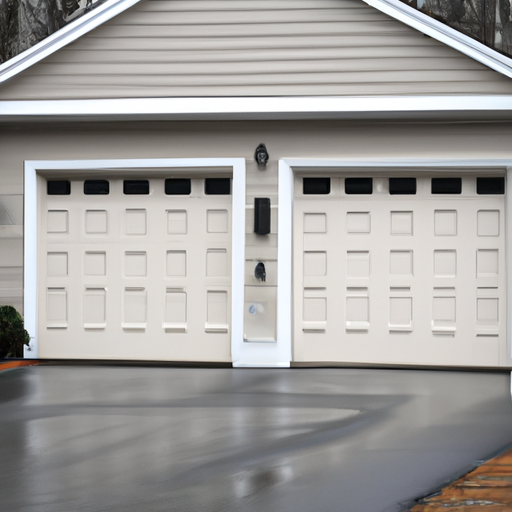 Two-car colonial house in Andover, MA with a closed insulated sectional garage door, wet driveway, morning light.