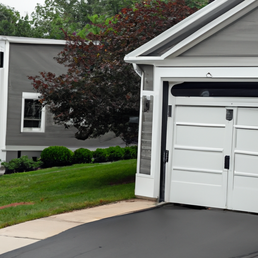 Sectional garage door partially open on a residential house in Andover, MA, showing door panels, tracks, and driveway.