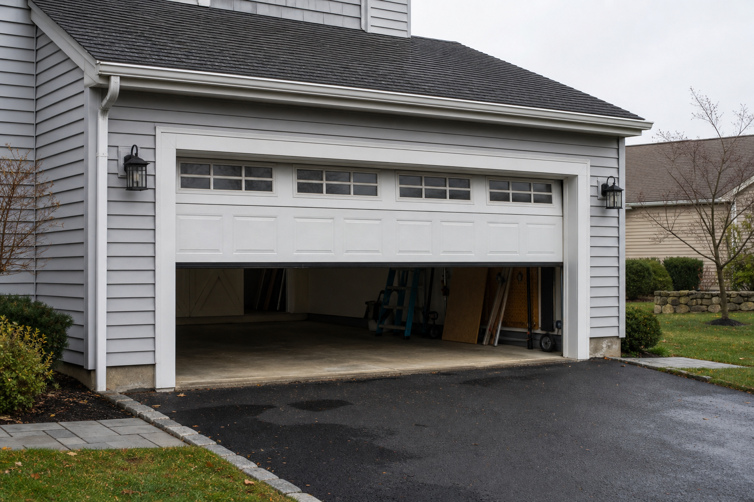 Garage door visible on a suburban home in Andover, MA during a safe repair inspection