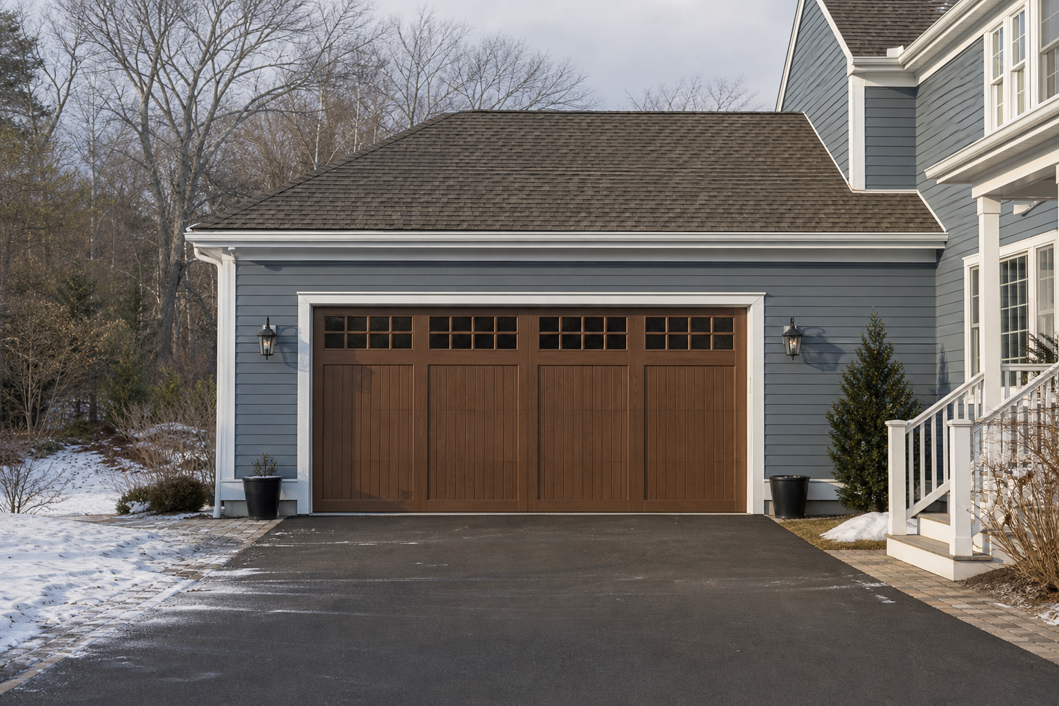 Suburban garage door exterior in Andover, MA on a cool day